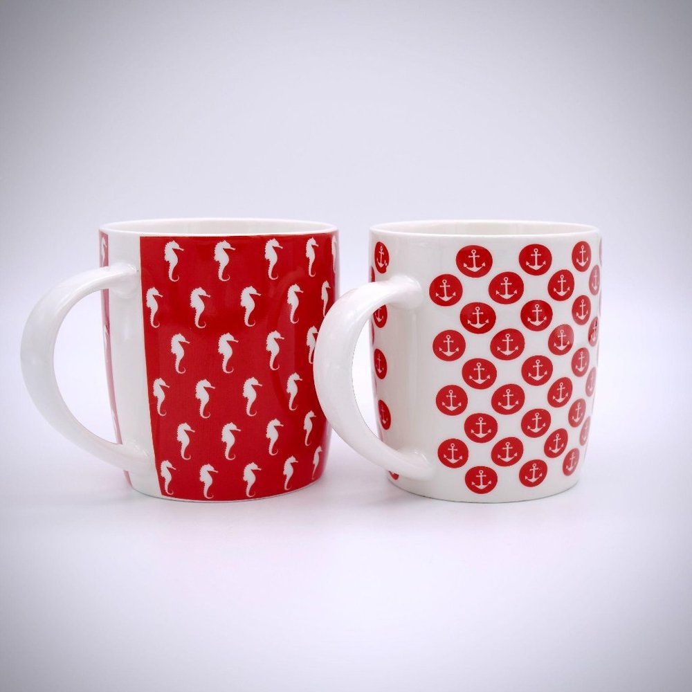 😎 Nautical Coffee Mug Set 2 Anchor Seahorse Red Ceramic White Handle Tea Cup